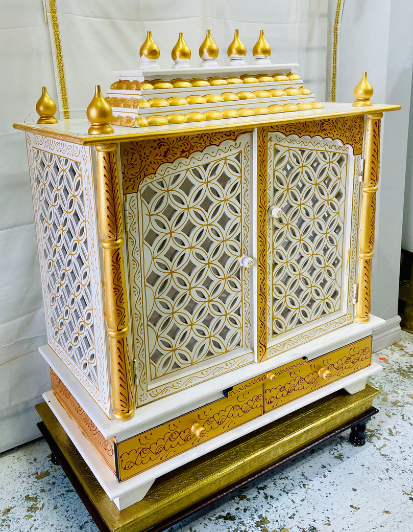 24 x 13 x 32" White & Gold Temple Mandir With Doors