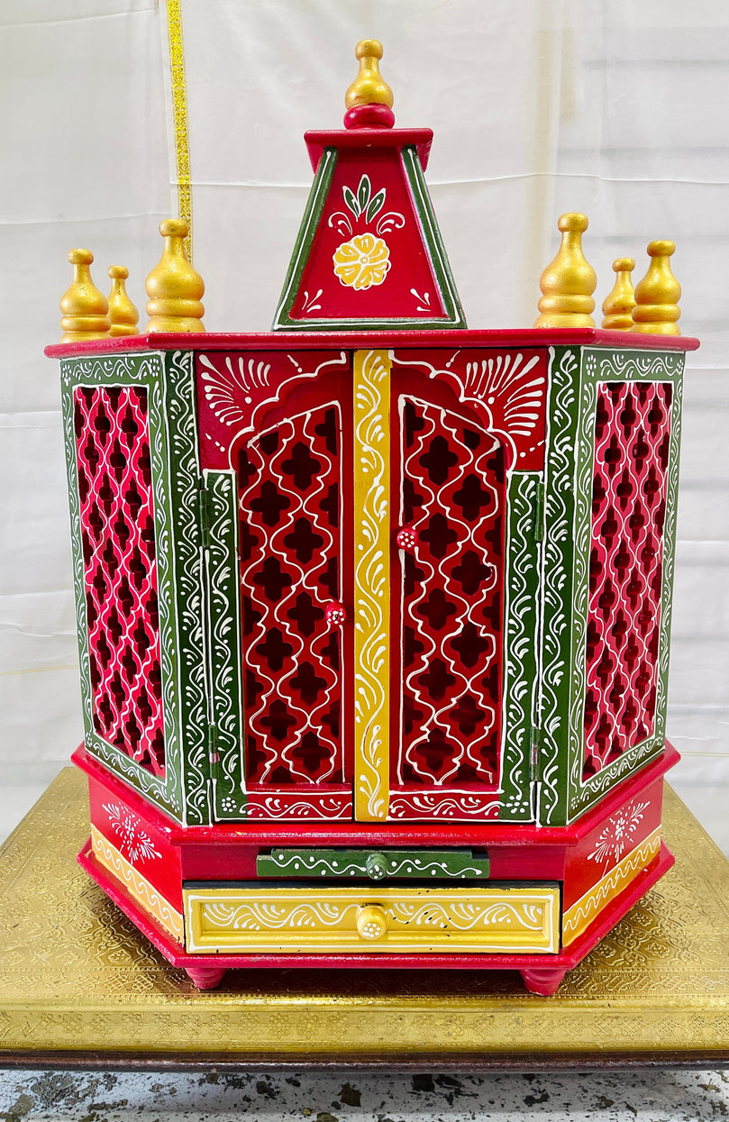 15 x 9 x 24" Red, Green, and Gold Temple Mandir With Doors