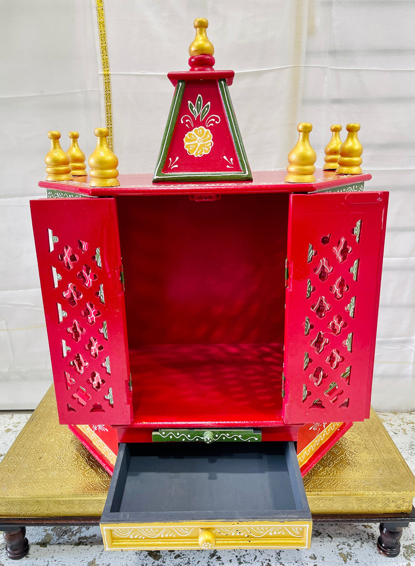 15 x 9 x 24" Red, Green, and Gold Temple Mandir With Doors