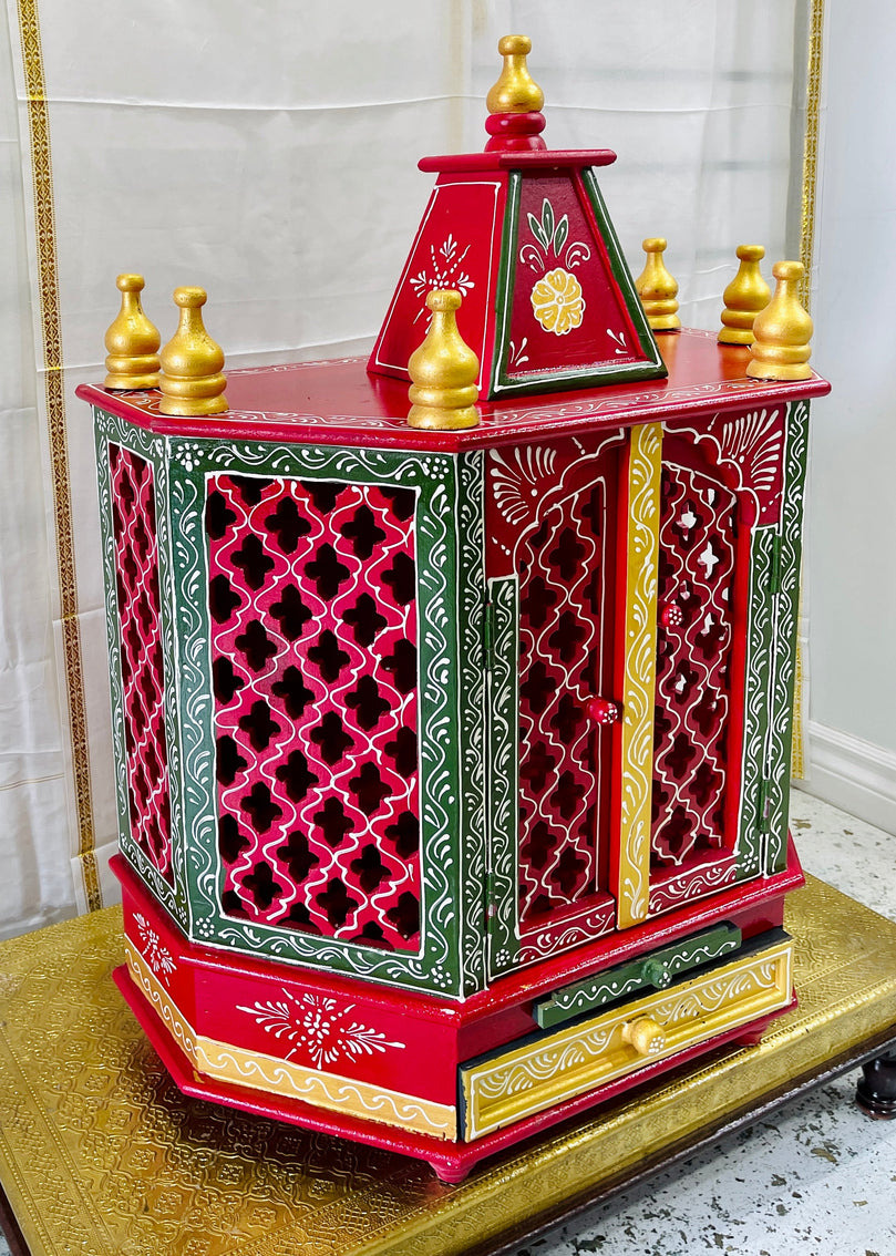 15 x 9 x 24" Red, Green, and Gold Temple Mandir With Doors
