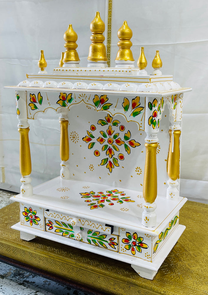 15 x 8 x 21" White & Gold Flower Temple Mandir Without Doors