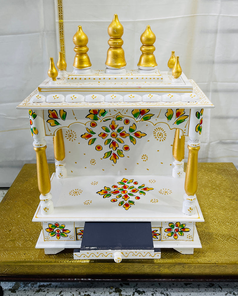 15 x 8 x 21" White & Gold Flower Temple Mandir Without Doors