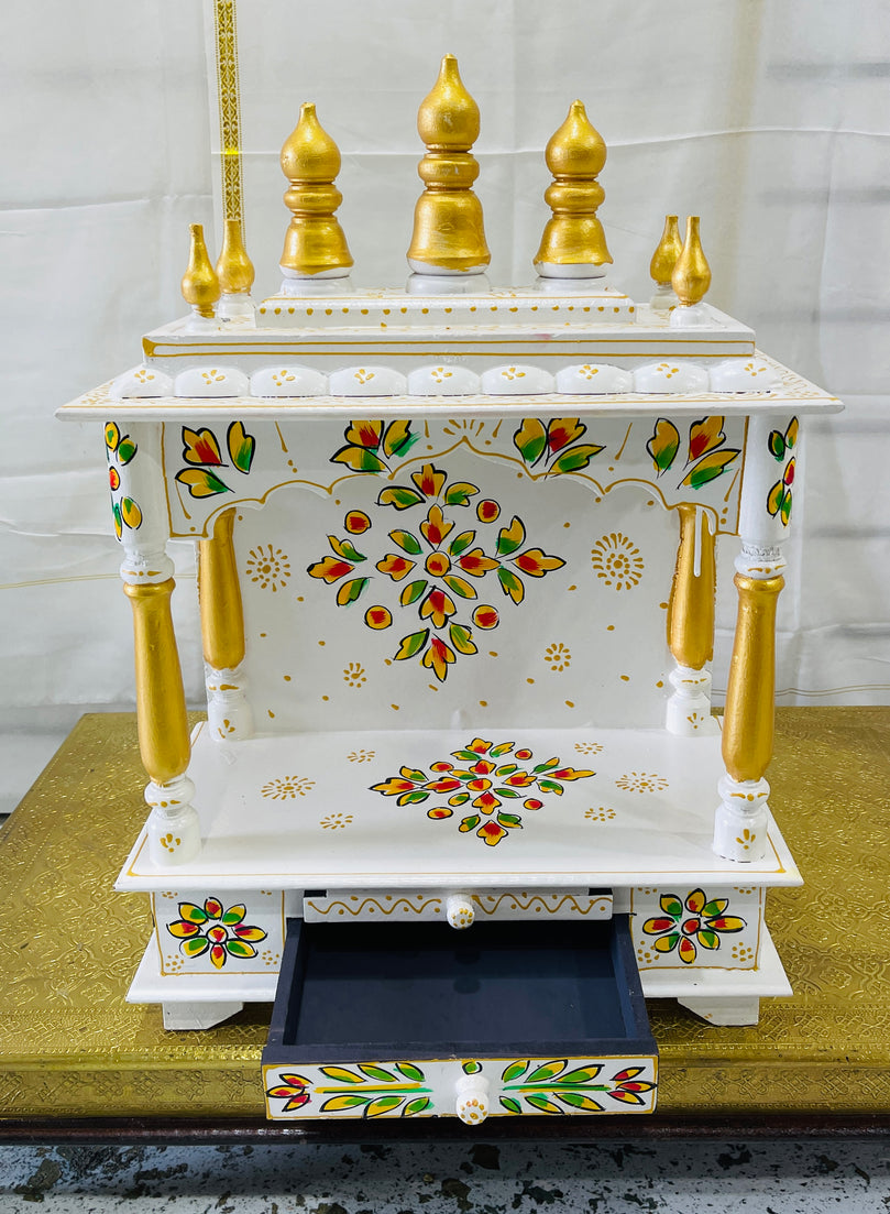 15 x 8 x 21" White & Gold Flower Temple Mandir Without Doors