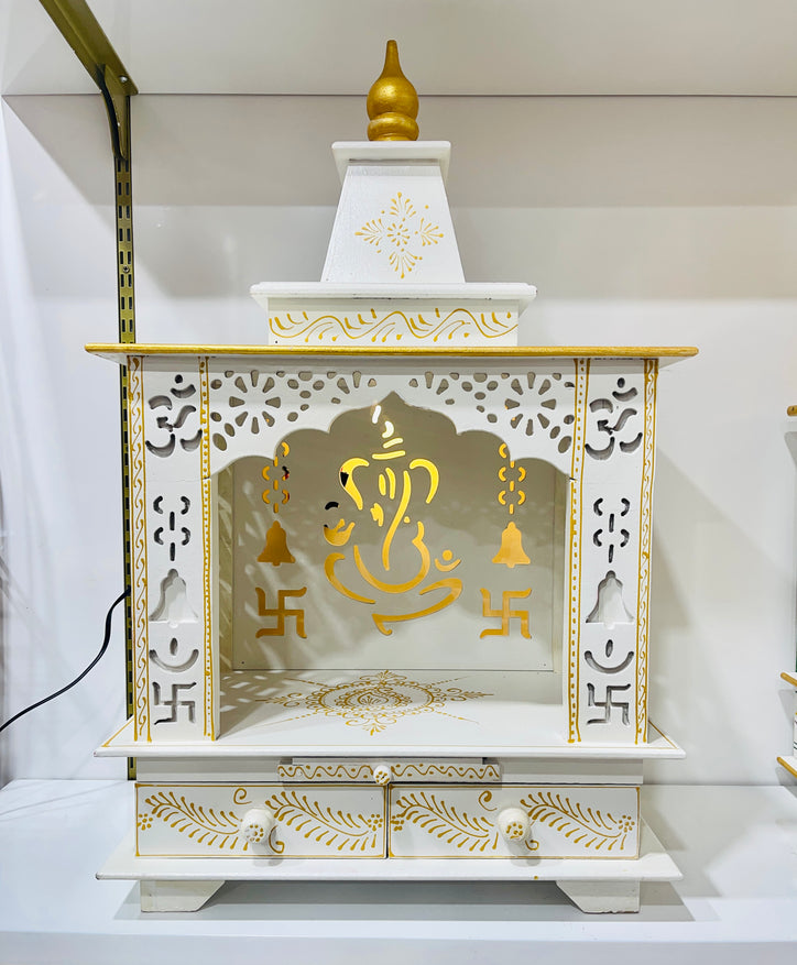 18 x 11 x 32" White and Gold Ganesh Swastik Temple Mandir With Lights