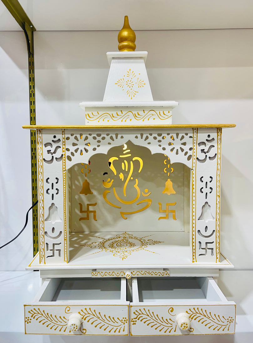 18 x 11 x 32" White and Gold Ganesh Swastik Temple Mandir With Lights