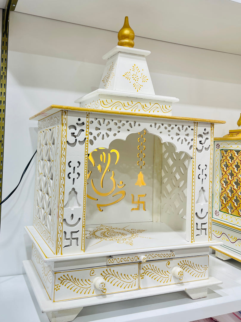 18x11x32 Ganesh Swastik Temple Mandir With LED Back Light, Pull Out Tray & Double Storage Drawers