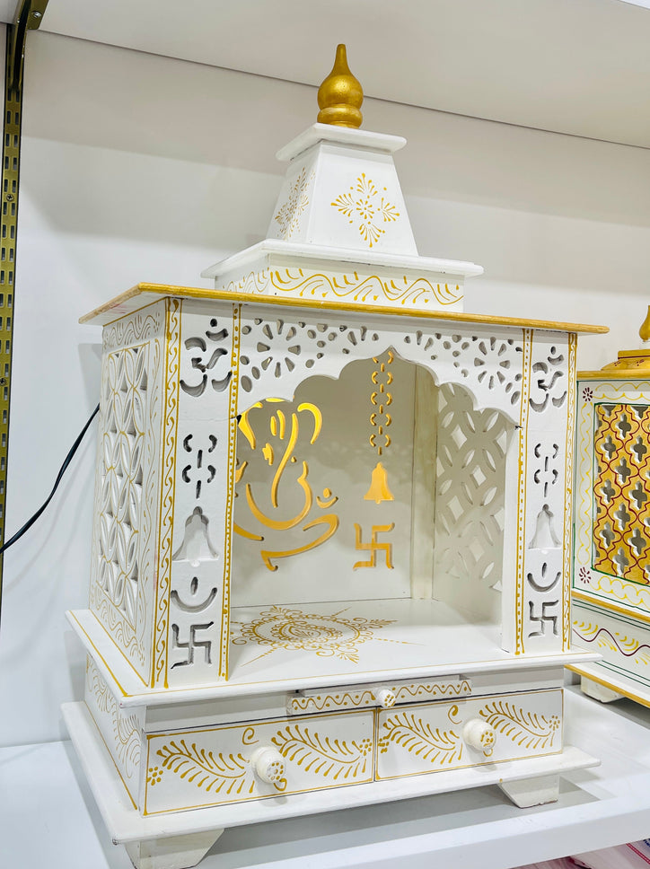 24 x 11 x 36" White and Gold Ganesh Swastik Temple Mandir With Lights