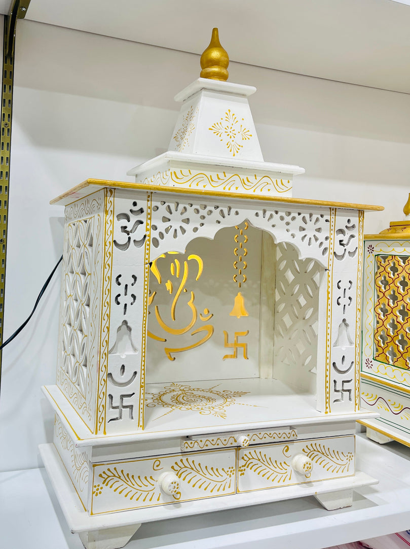 24 x 11 x 36" White and Gold Ganesh Swastik Temple Mandir With Lights