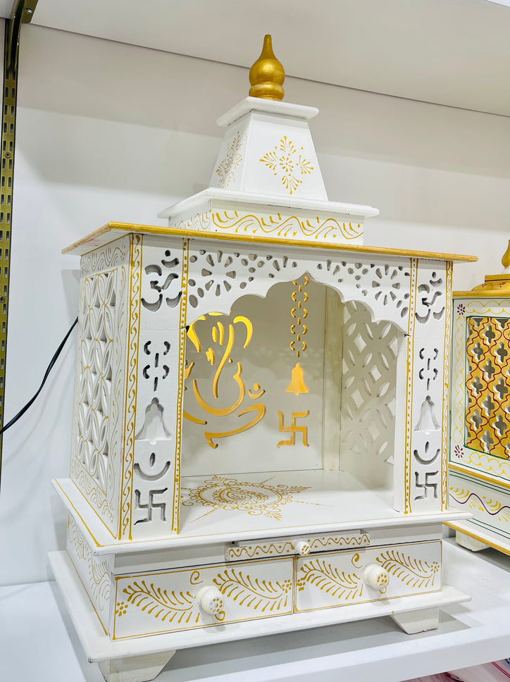 30 x 15 x 42" White and Gold Ganesh Swastik Temple Mandir With Lights