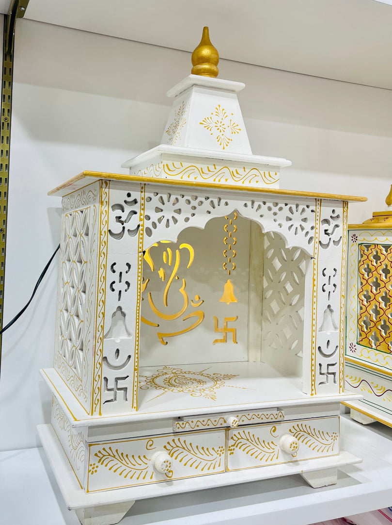 30 x 15 x 42" White and Gold Ganesh Swastik Temple Mandir With Lights