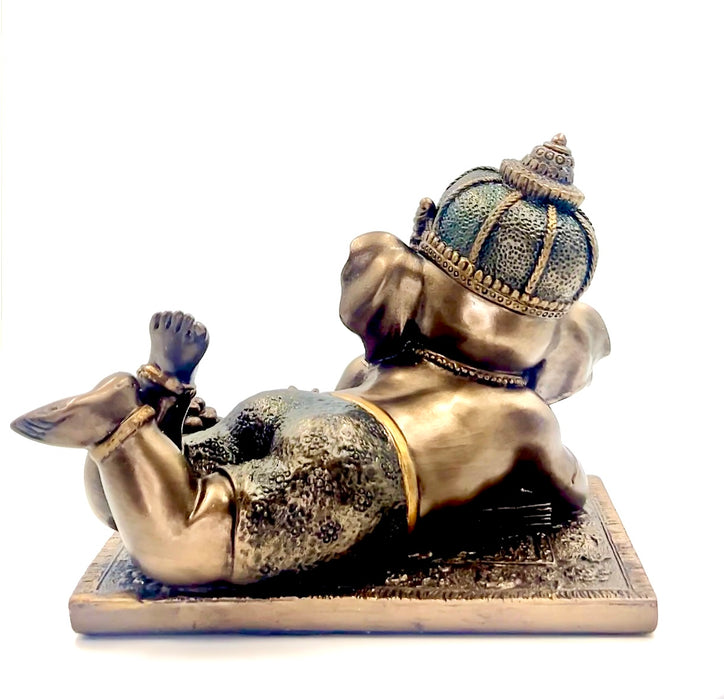 Bronze Lord Ganesha Laying Reading Book Idol 5"