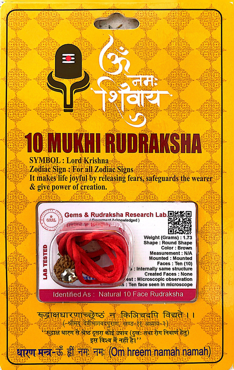 10 Faced (Mukhi) Rudraksha Necklace (Lab Certified) - Lord Krishna, Protects and Benefits from 9 Planets Energies, Protects from Evil Eye, Ghosts and Spirits, Encreases Aura/Prana/Chi Energy, Heals Anxiety, Back Pain, Psychic attacks, & Sexual Disorders