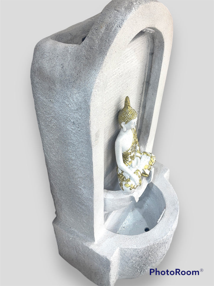 3ft Tall Meditating Buddha Seated Under Water Fountain - with Lights & Water Pump