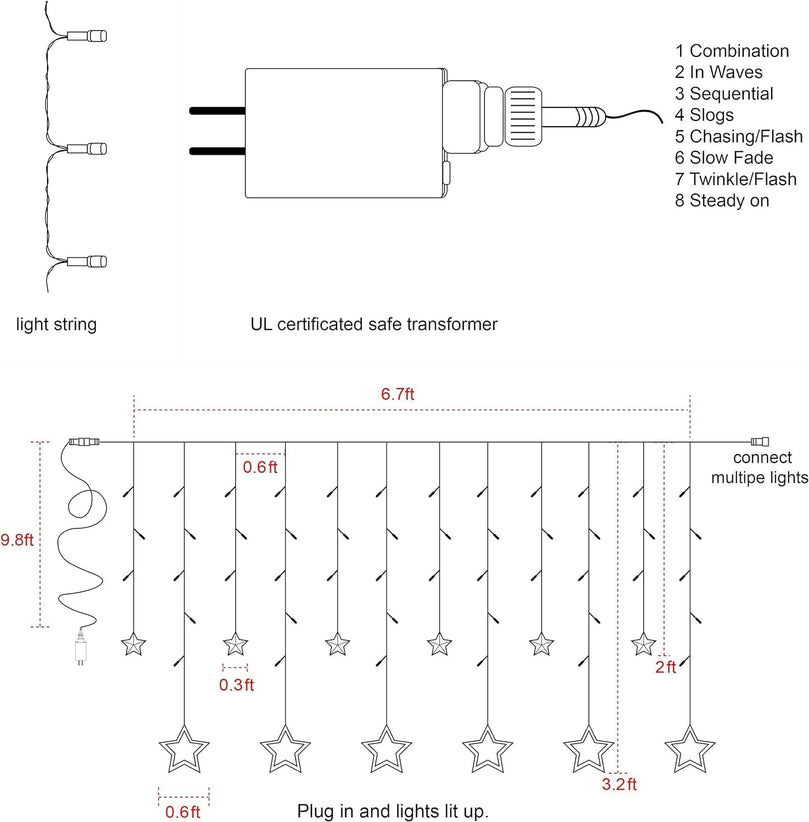Star Christmas Lights - 2 Meters 12 Stars 128 LEDs Curtain String Lights