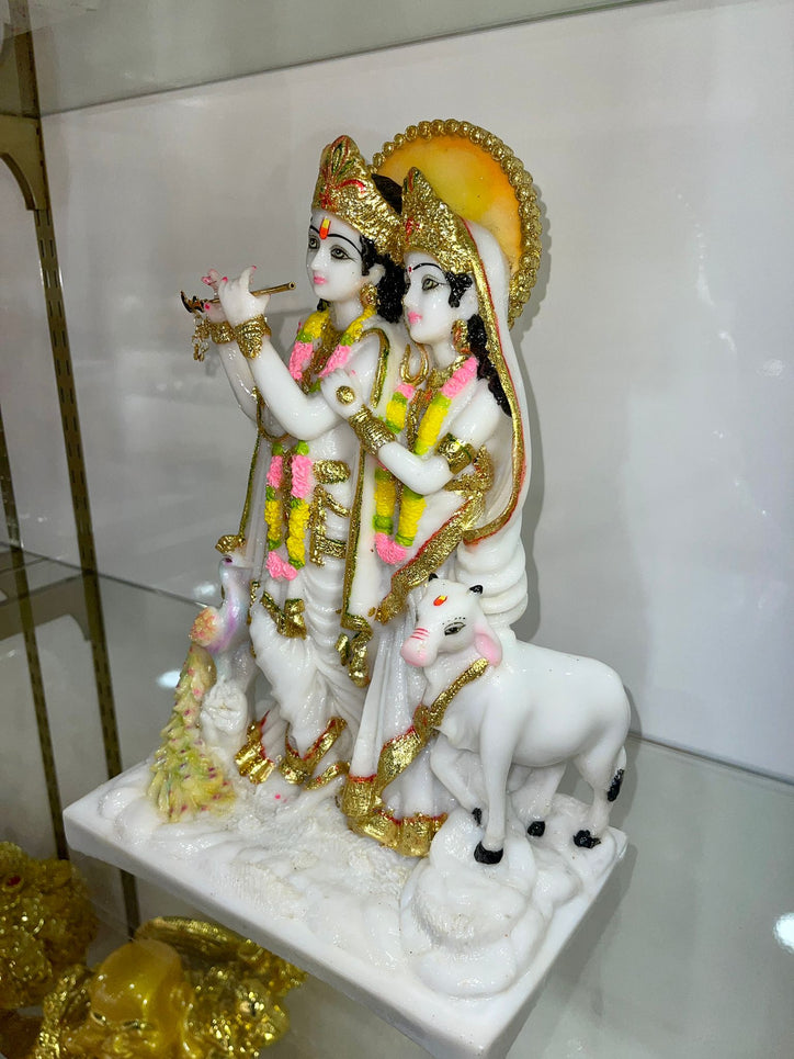 White Radha Krishna with Cow and Peacock