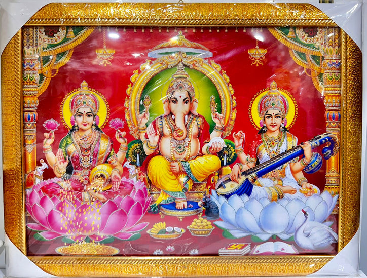 Ganesh Ji, Lakshmi, Saraswati - 14"x18" Picture Frame - Wall Hanging
