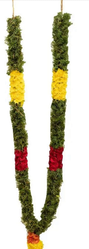 Rose, Marigold & Dhruva Grass Fresh Flower Garland / Mala - Price per ft