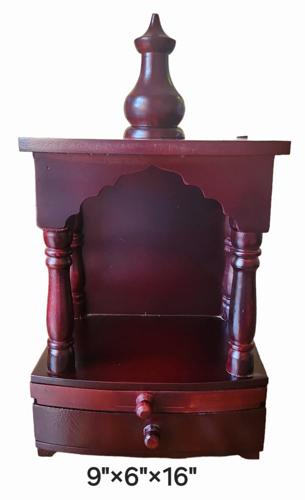9”x6”x16” Compact Brown Wooden Mandir Temple with Pull-Out Tray, Storage Drawer, and Wall-Mount Hooks