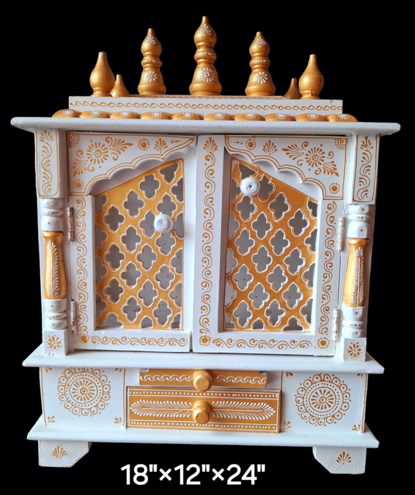 18”x12”x24” White and Gold Wooden Mandir with Double Doors, Storage Drawer, and Extra Large Pull-Out Tray