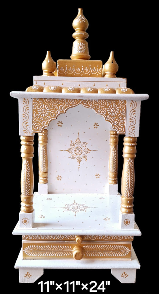11”x11”x24” White and Gold Wooden Mandir with Drawer, Hanging Hooks, and Intricate Handcrafted Design