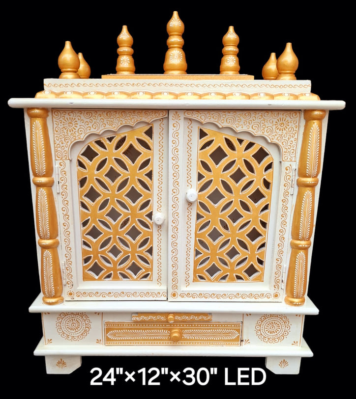 24”x12”x30” LED Light White and Gold Wooden Mandir, Double Doors, Storage Drawer, and Extra Large Pull-Out Tray