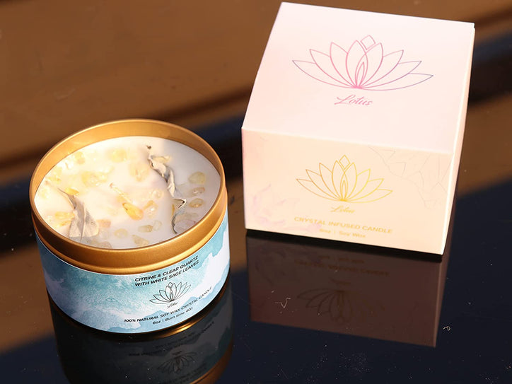 Crystal Infused Candle - Citrine & Clear Quartz with White Sage Leaves