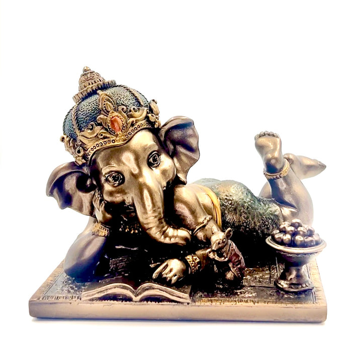 Bronze Lord Ganesha Laying Reading Book Idol 5"