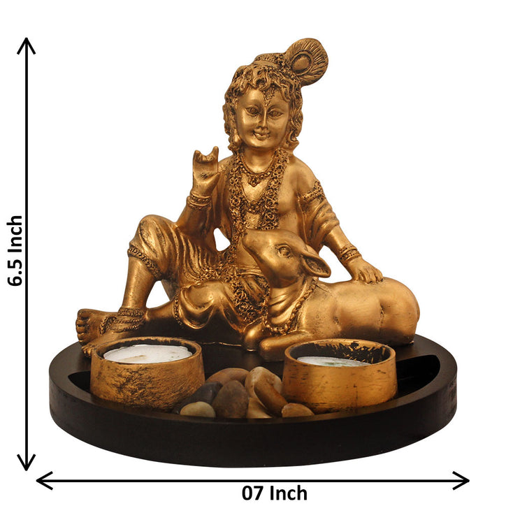 Baby Lord Sri Krishna With Kamdhenu Cow Calf Candle Stand