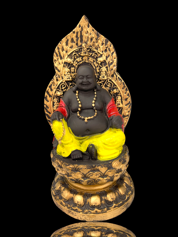 Laughing Buddha sitting on gold chair