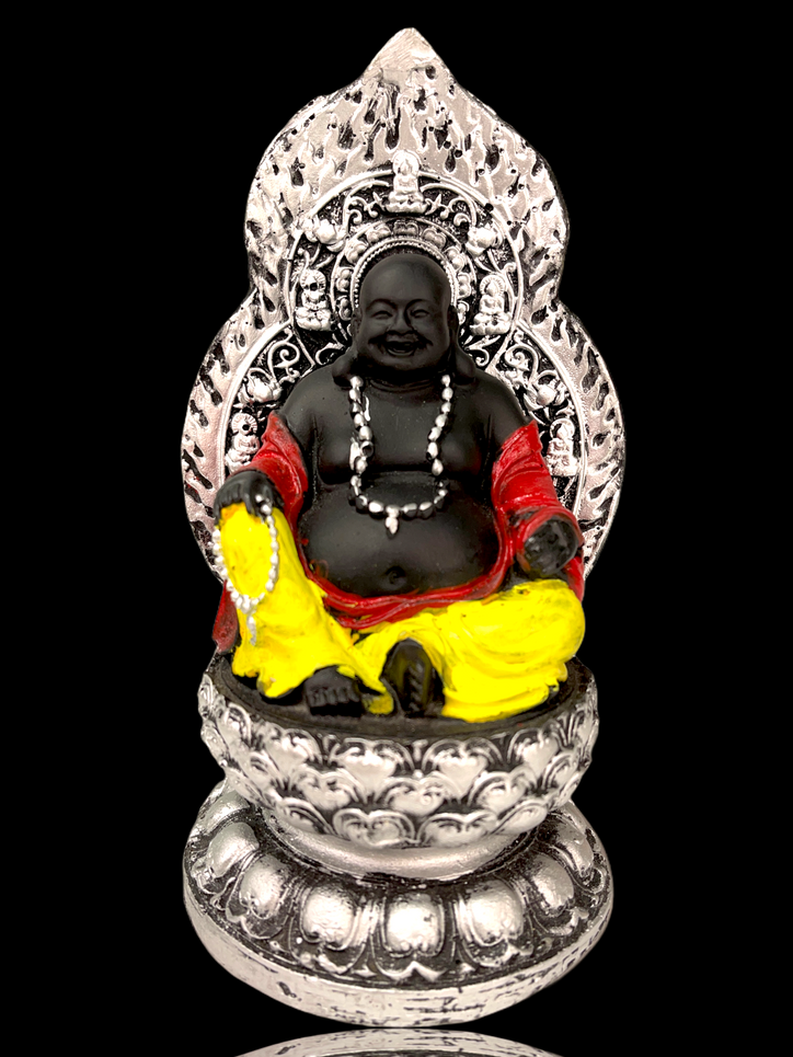 Laughing Buddha sitting on Silver chair