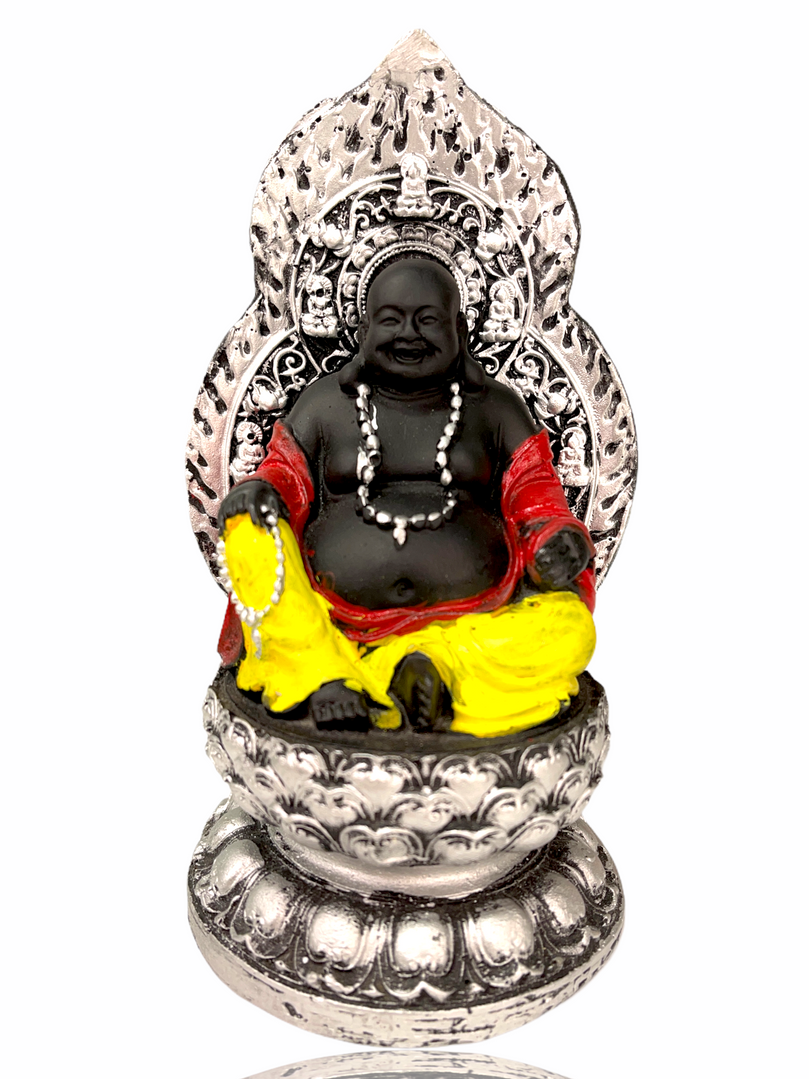 Laughing Buddha sitting on Silver chair