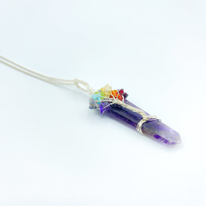 Seven Chakra Tree of Life wrapped on Amethyst Gemstone Pendant