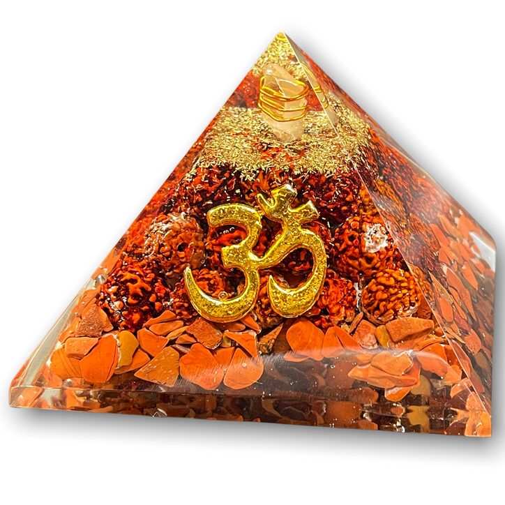 Om, Rudraksha Seed, & Red Jasper Orgone Pyramid