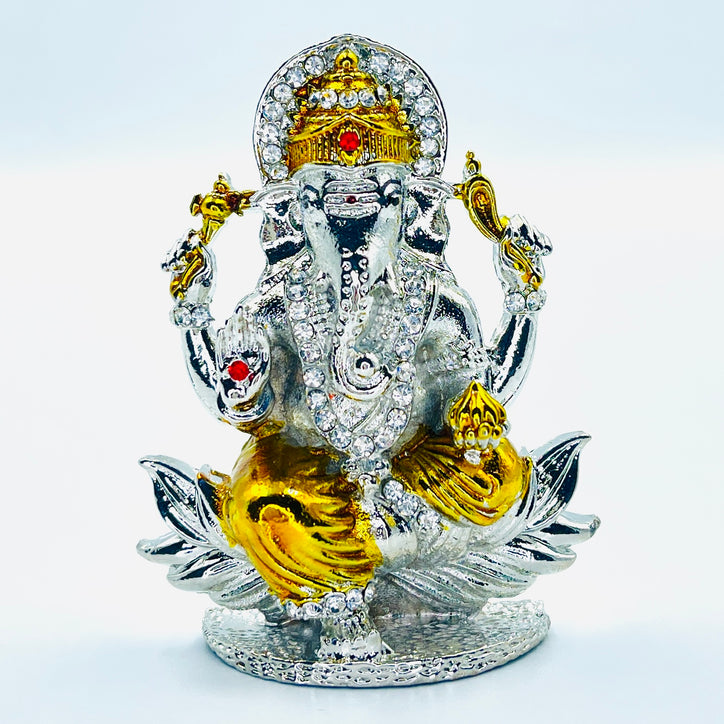 Car Dashboard Idol Collection (Silver Ganesha Seated on Lotus - Silver & Gold)