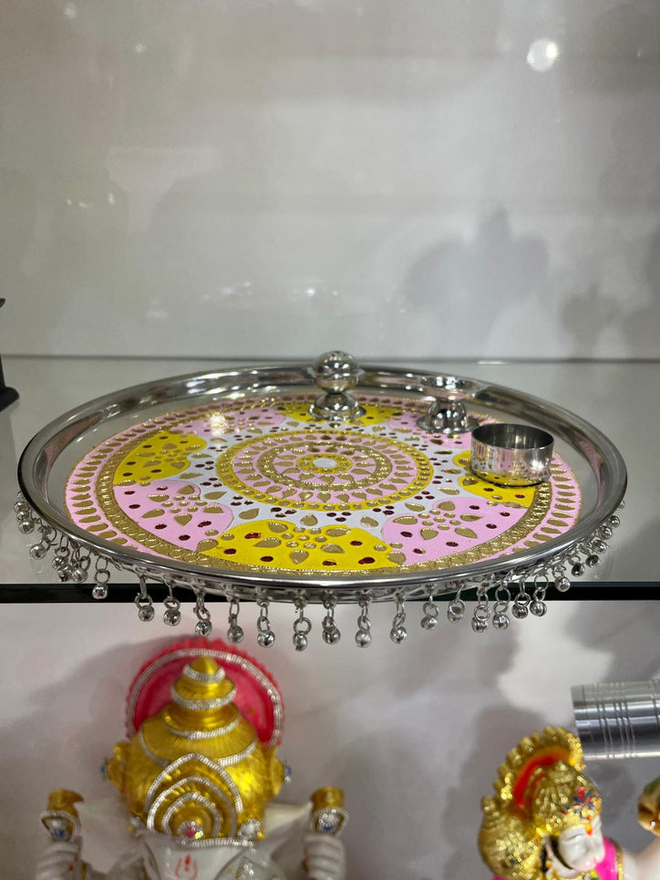 Pink Puja Thali with Ghungaroo (Steel Tray)