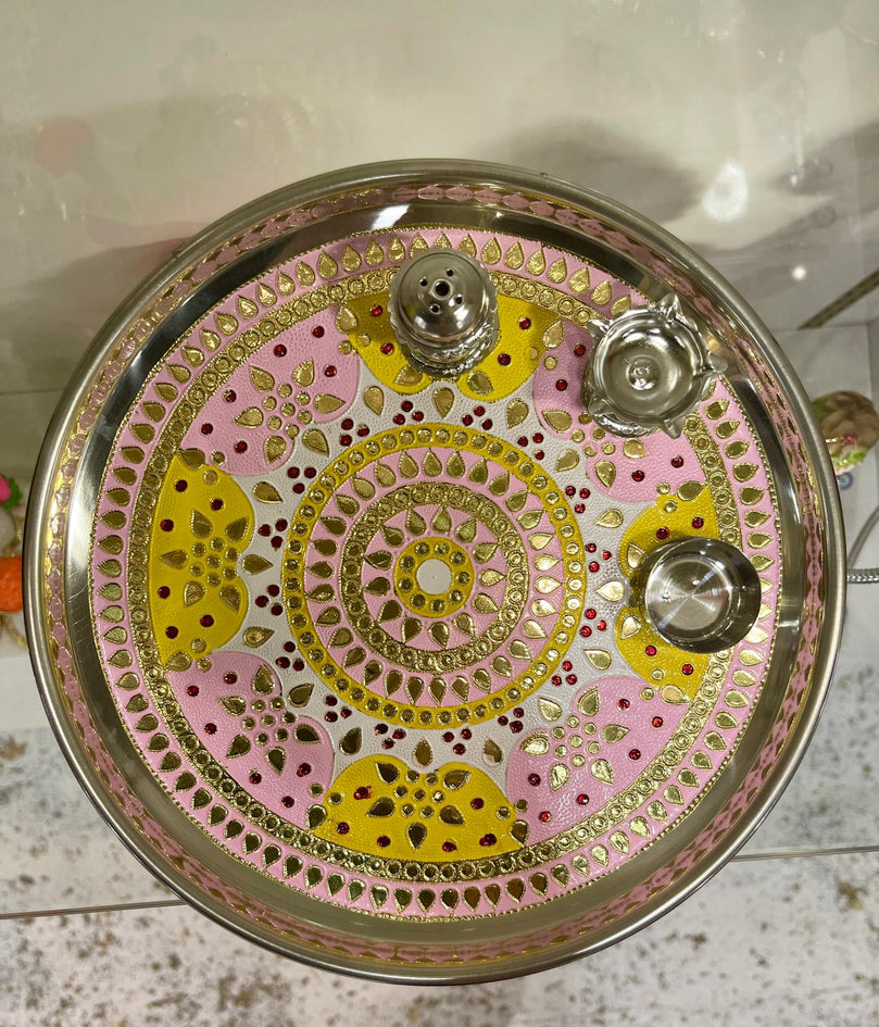 Pink Puja Thali with Ghungaroo (Steel Tray)