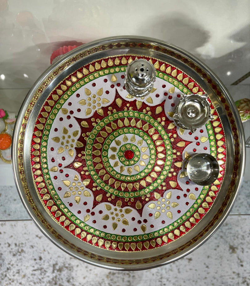 Red Puja Thali with Ghungaroo (Steel Tray)