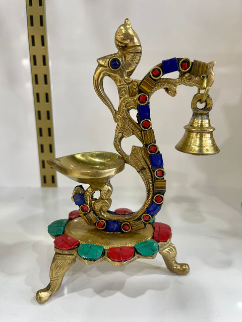 Brass Diya with Bell and Stonework