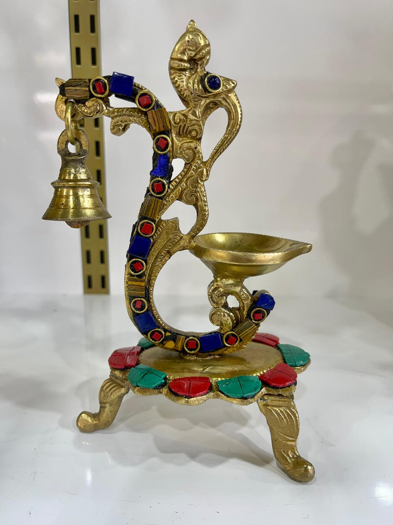 Brass Diya with Bell and Stonework