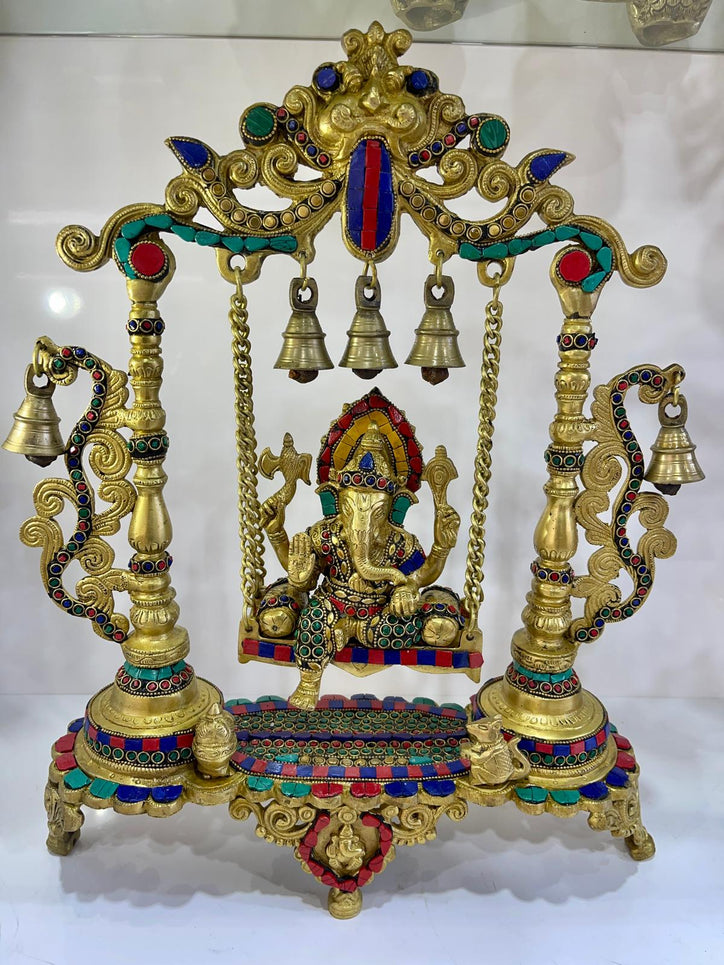 Brass Ganesh Ji on Swing with Stonework