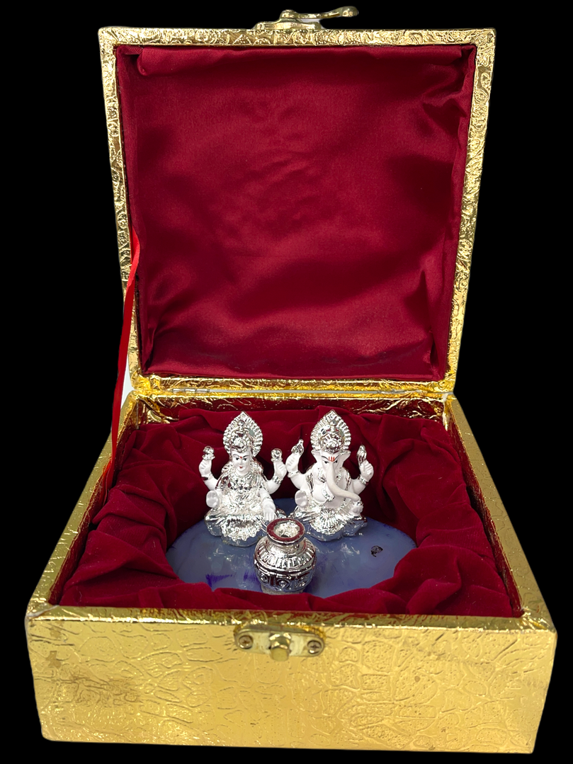 Sri Ganesh ji & Lakshmi Maa with Kalish Silver Plated on Blue Stone Gift