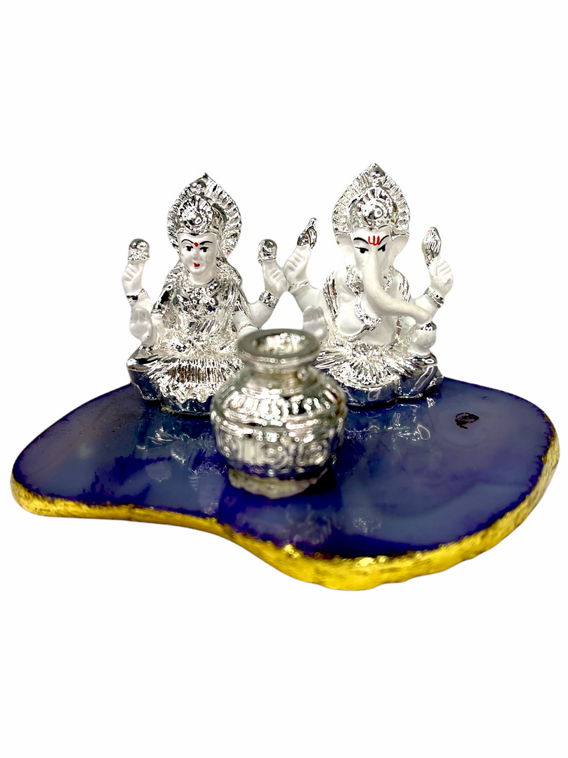 Sri Ganesh ji & Lakshmi Maa with Kalish Silver Plated on Blue Stone Gift