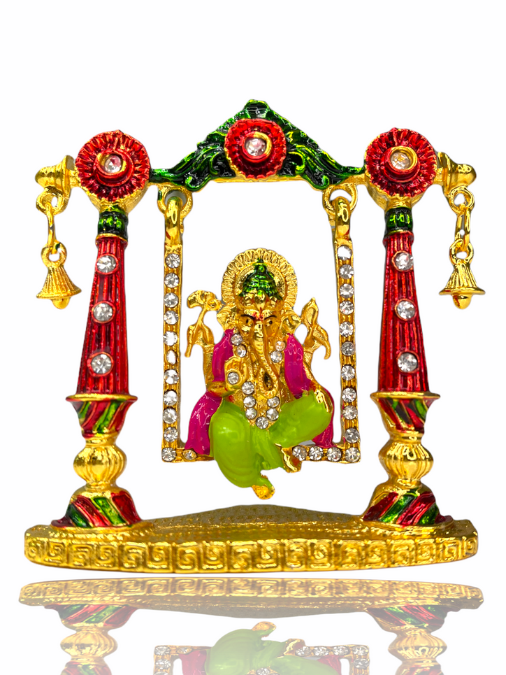 Crystal Studded Sri Ganesh ji on Swing Car Idol (Double Sided Tape Included)