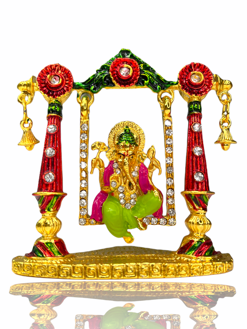 Crystal Studded Sri Ganesh ji on Swing Car Idol (Double Sided Tape Included)
