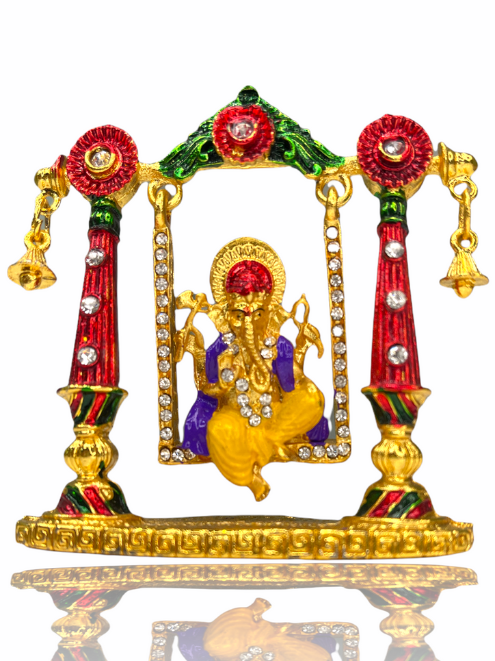 Crystal Studded Sri Ganesh ji on Swing Car Idol (Double Sided Tape Included)