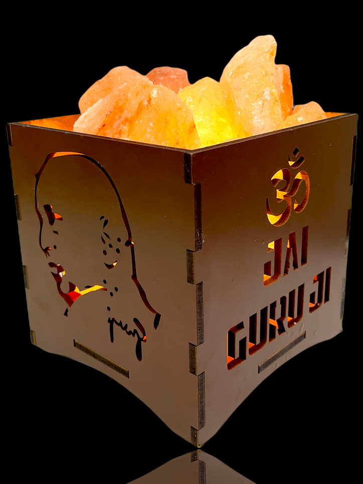 Jai Guru Ji Natural Himalayan Pink Rock Salt Lamp | (6” x 6” x 6”) | Spiritual Gift for Special Ocassion, Christmas, and Birthdays | Boost Mood, Improve Sleep, Breathe Better, Calm Allergies | Bedroom Night Light | Handcrafted Wood Frame, 2.0kg Salt