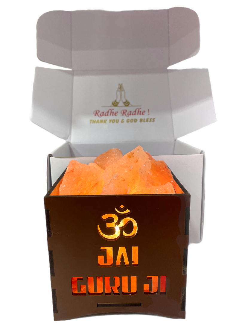 Jai Guru Ji Natural Himalayan Pink Rock Salt Lamp | (6” x 6” x 6”) | Spiritual Gift for Special Ocassion, Christmas, and Birthdays | Boost Mood, Improve Sleep, Breathe Better, Calm Allergies | Bedroom Night Light | Handcrafted Wood Frame, 2.0kg Salt