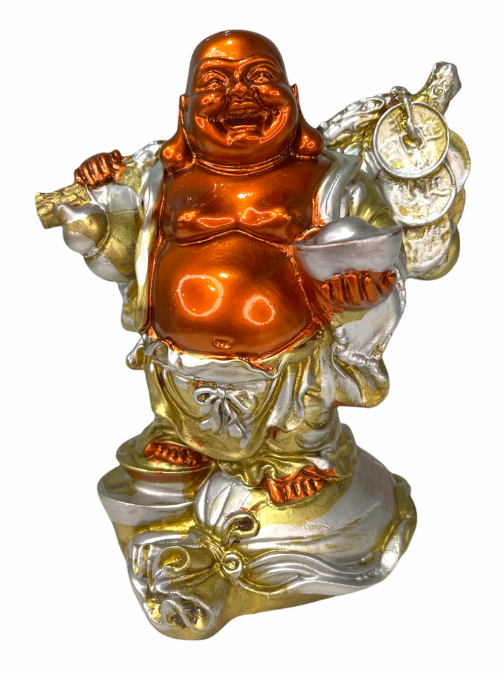 Red, Gold & Silver Laughing Buddha with Coins & Ingot