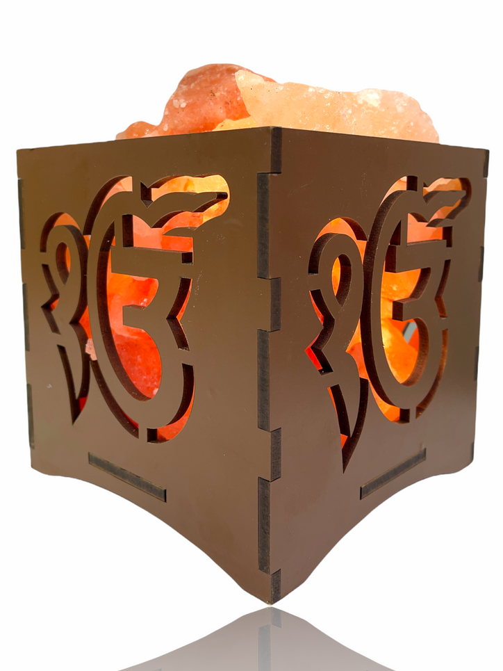 Sikh Punjabi Ik Onkar Natural Himalayan Pink Rock Salt Lamp | (6” x 6” x 6”) | Spiritual Gift for Special Ocassion, Christmas, and Birthdays | Boost Mood, Improve Sleep, Breathe Better | Ek Onkar Night Light | Handcrafted Wood Frame, 2.0kg Salt