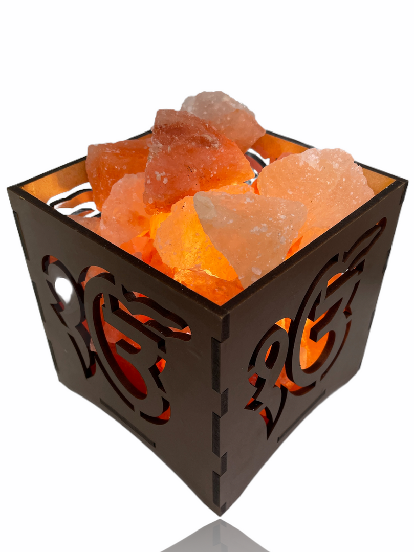 Sikh Punjabi Ik Onkar Natural Himalayan Pink Rock Salt Lamp | (6” x 6” x 6”) | Spiritual Gift for Special Ocassion, Christmas, and Birthdays | Boost Mood, Improve Sleep, Breathe Better | Ek Onkar Night Light | Handcrafted Wood Frame, 2.0kg Salt